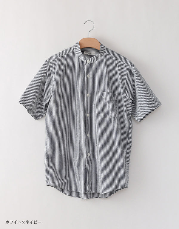 Seersucker short sleeve stand collar shirt